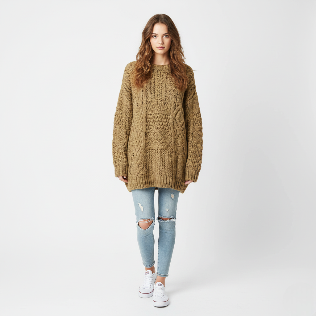 Women's Oversized Brown Chunky Cable Knit Tunic Sweater