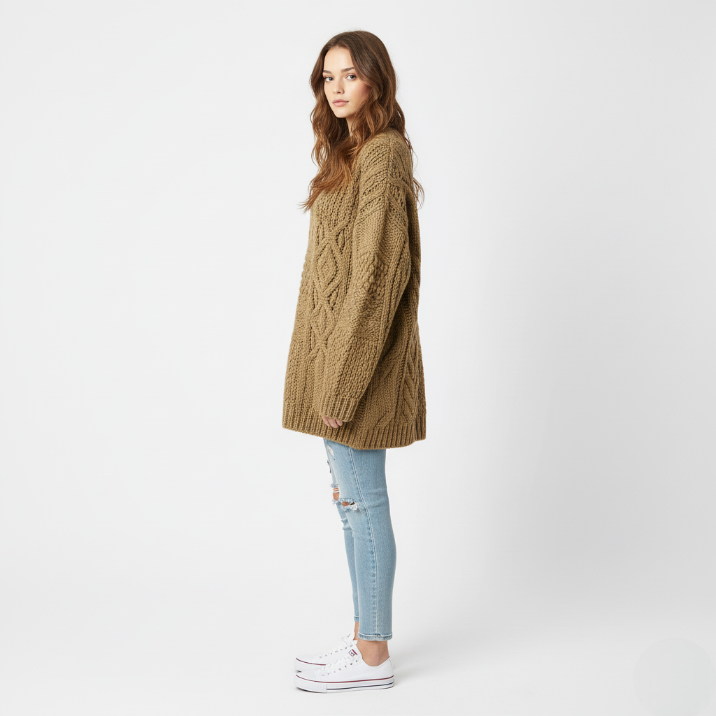 Women's Oversized Brown Chunky Cable Knit Tunic Sweater