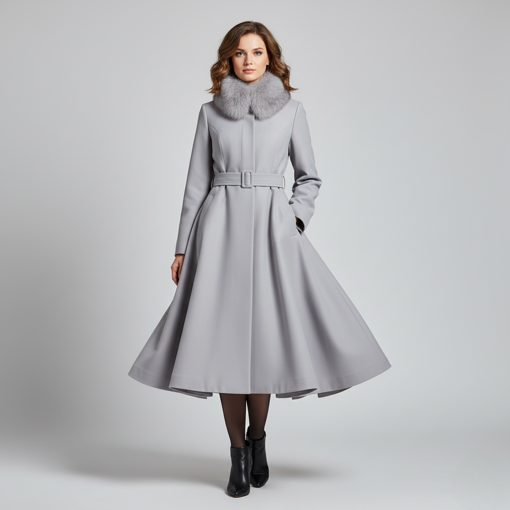 Women's Full-Length Fit-and-Flare Coat with Faux Fur Collar