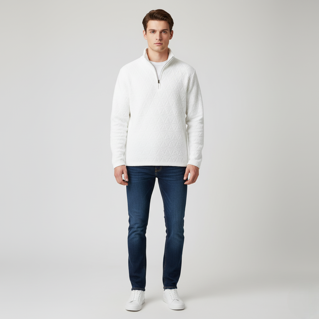 Men's White Quilted Texture Quarter-Zip Pullover Sweater