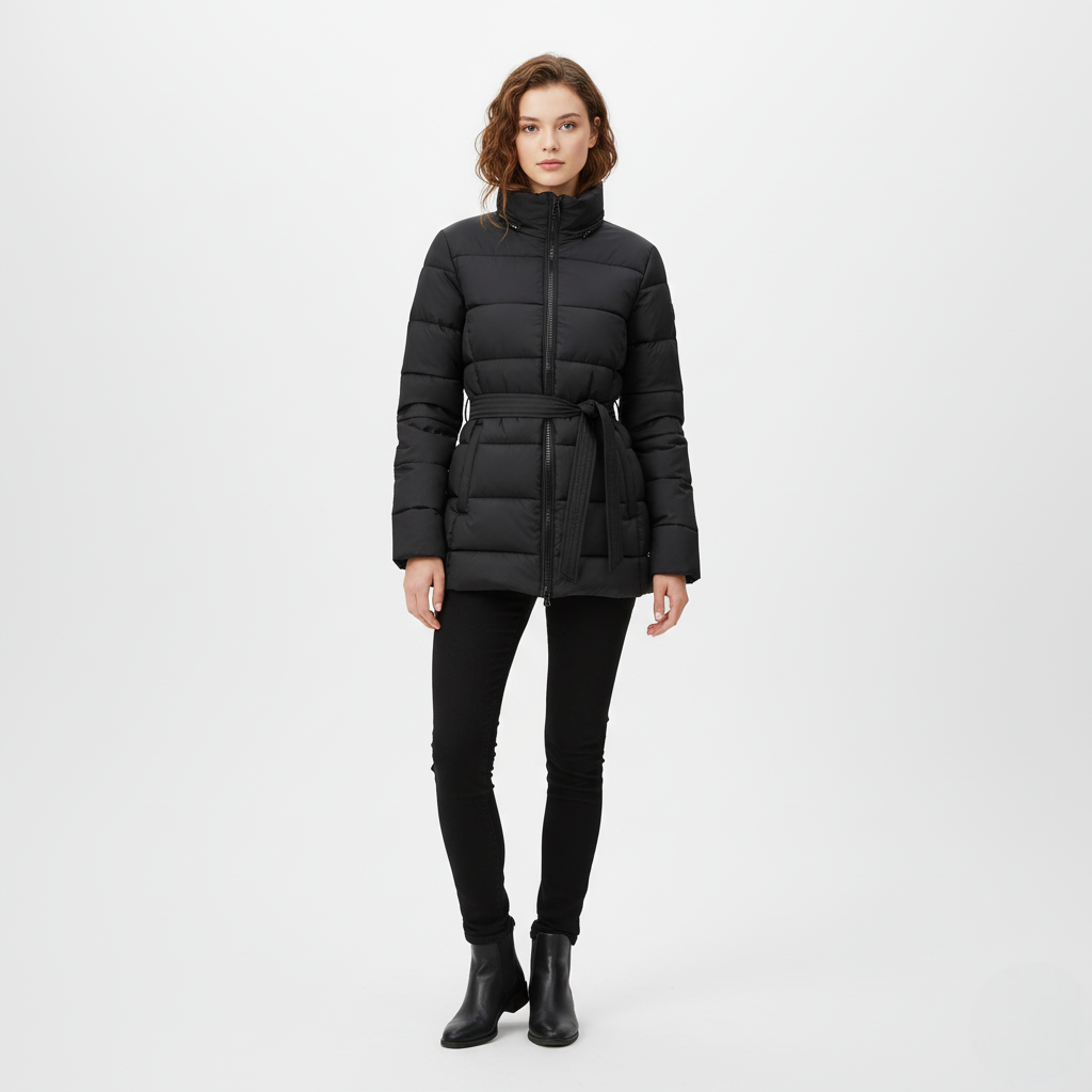 Women's Black Quilted Puffer Jacket with Belted Waist