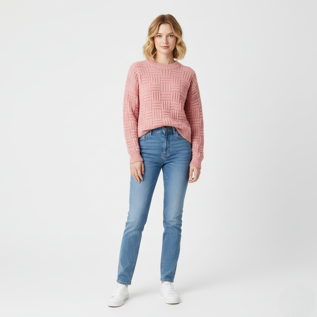 Women's Pink Textured Basketweave Crew Neck Sweater