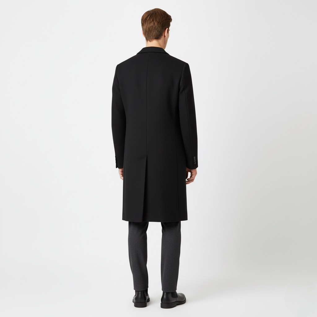 Men's Single-Breasted Black Wool Blend Overcoat