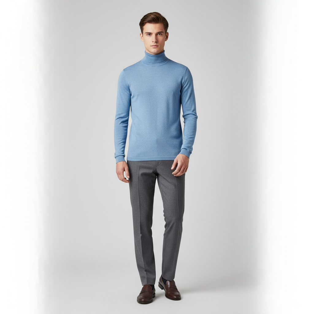Men's Blue Fine-Knit Roll Neck Sweater