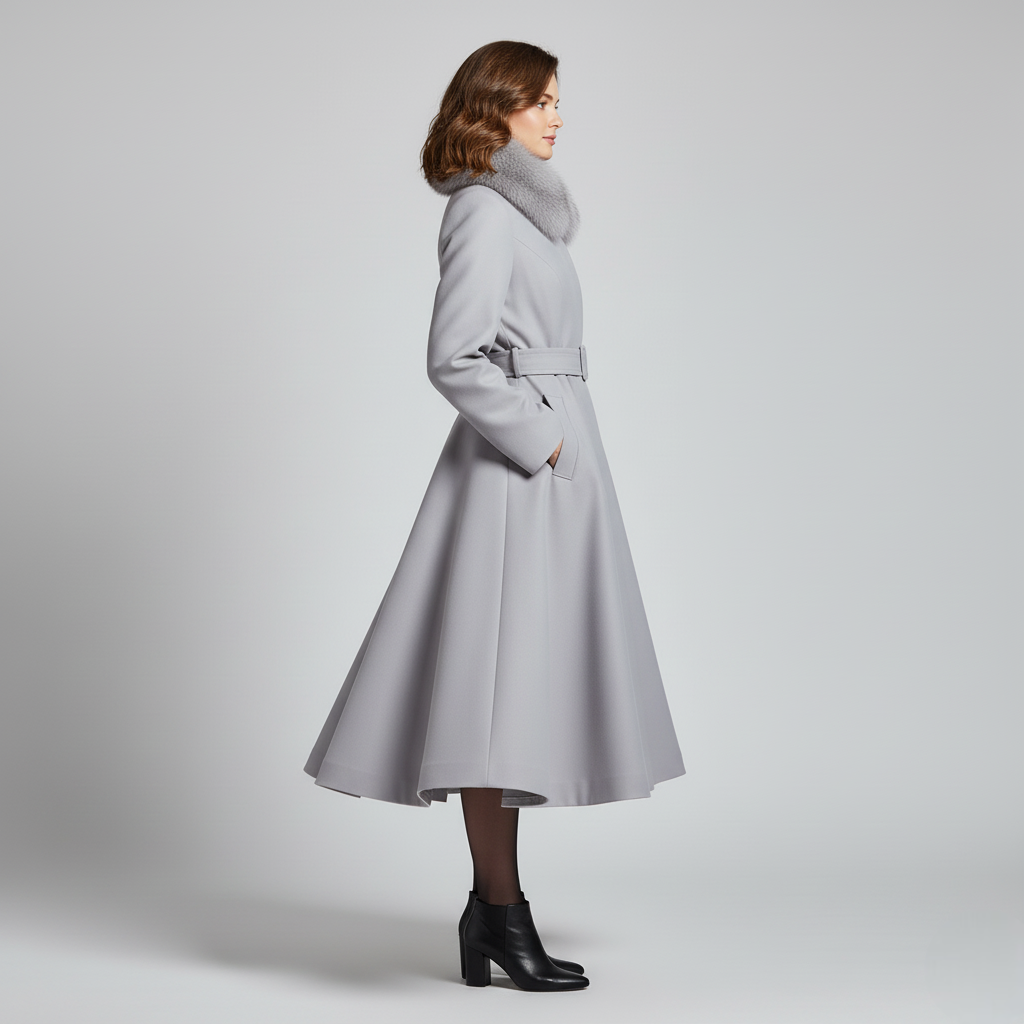 Women's Full-Length Fit-and-Flare Coat with Faux Fur Collar