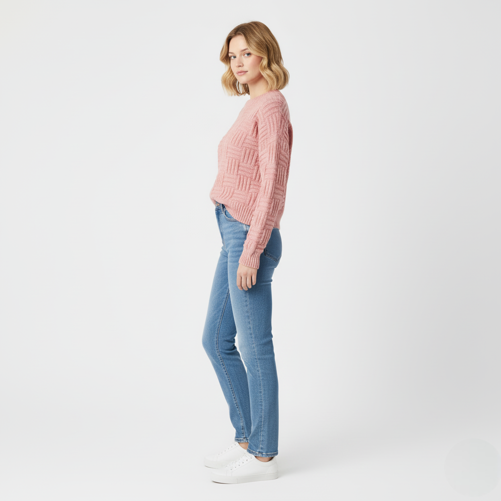 Women's Pink Textured Basketweave Crew Neck Sweater