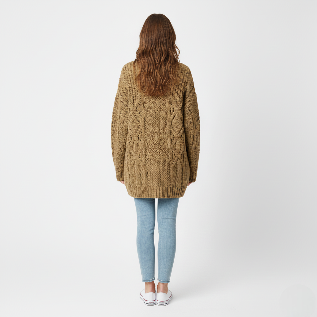 Women's Oversized Brown Chunky Cable Knit Tunic Sweater