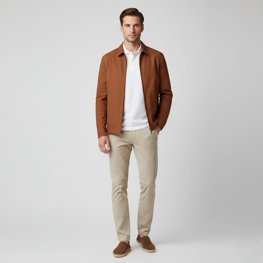 Men's Classic Tobacco Brown Zip-Up Harrington Jacket