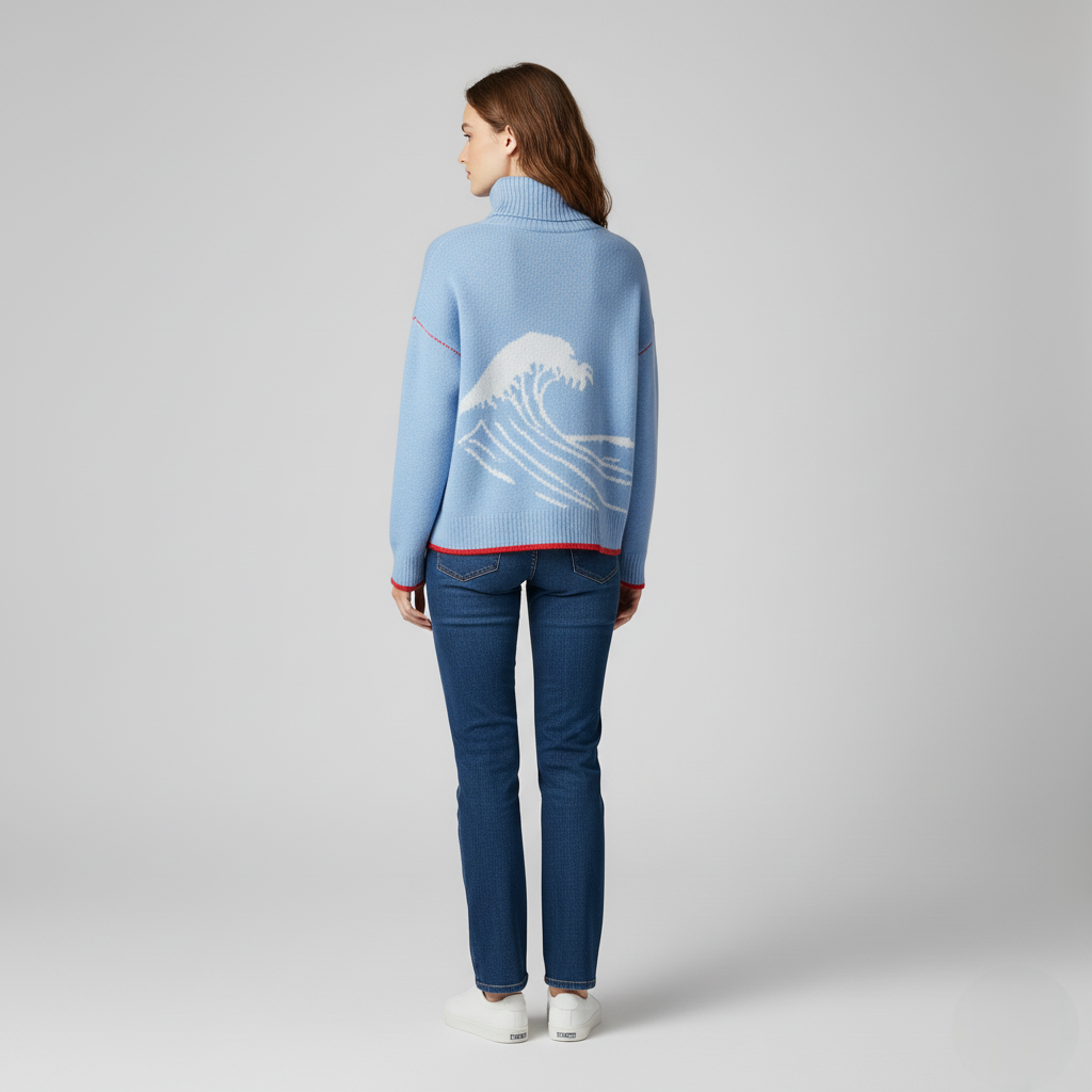 Women's Blue Wave Graphic Roll Neck Sweater with Contrast Trim