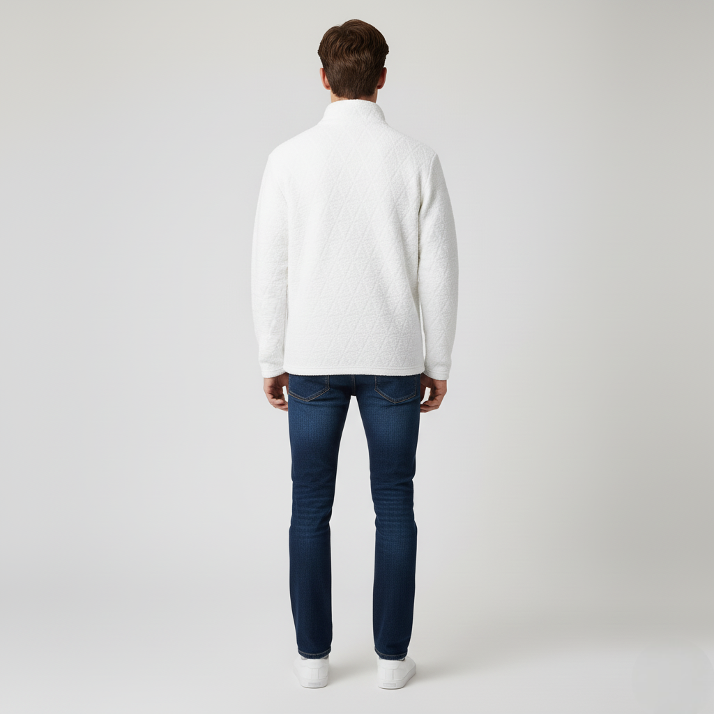 Men's White Quilted Texture Quarter-Zip Pullover Sweater