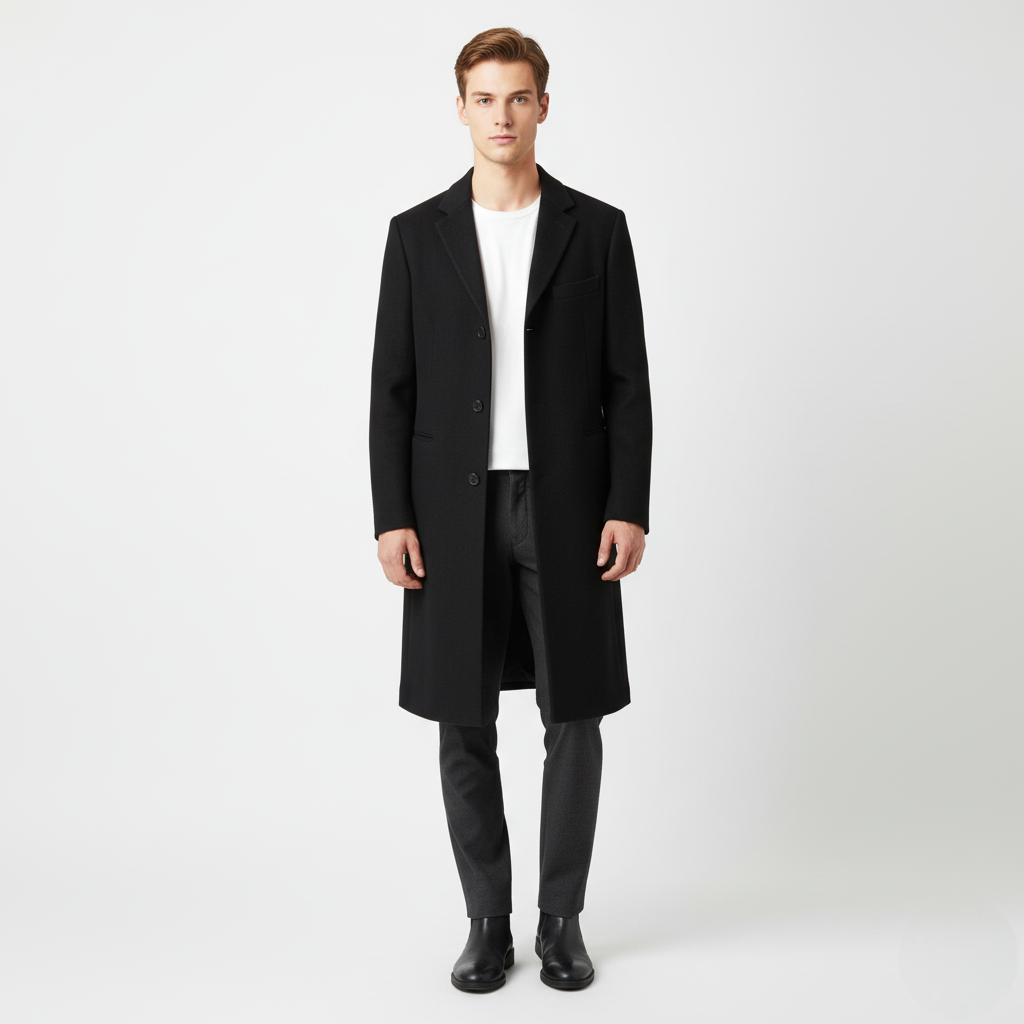 Men's Single-Breasted Black Wool Blend Overcoat