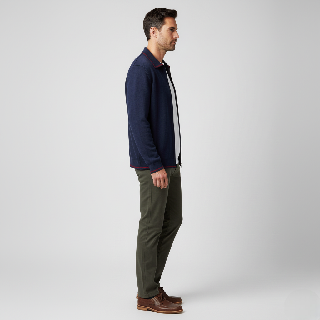 Men's Navy Full-Zip Knit Jacket with Contrast Collar