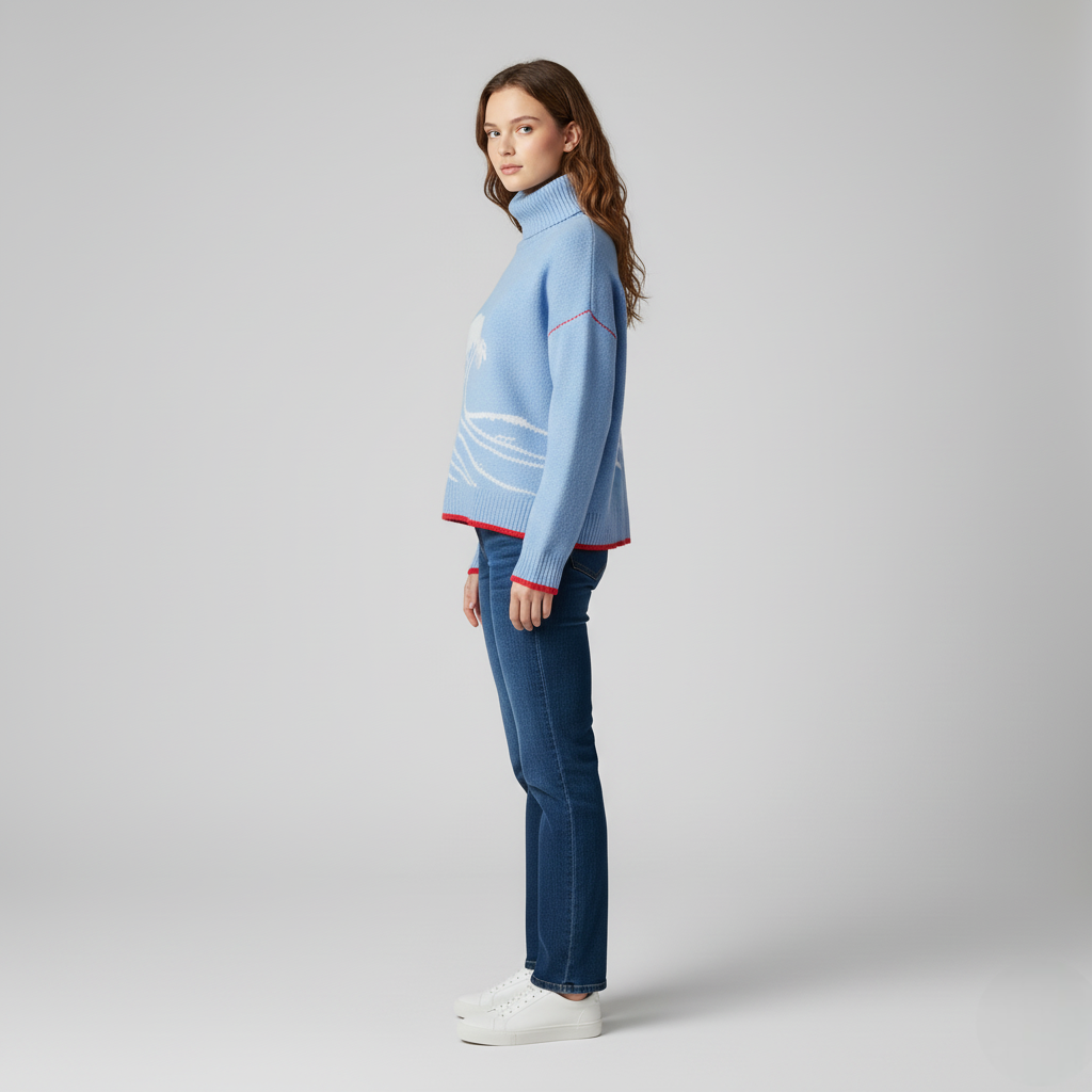 Women's Blue Wave Graphic Roll Neck Sweater with Contrast Trim