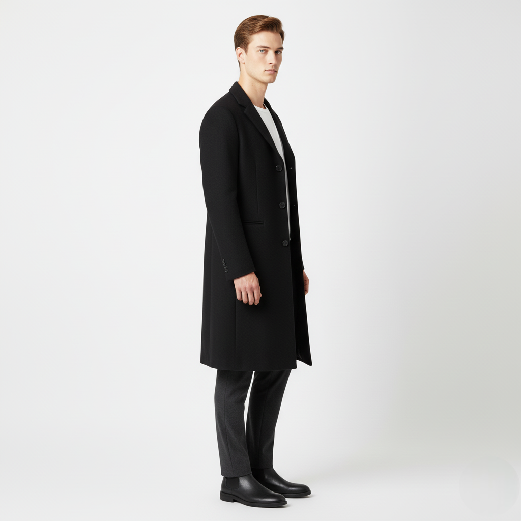 Men's Single-Breasted Black Wool Blend Overcoat