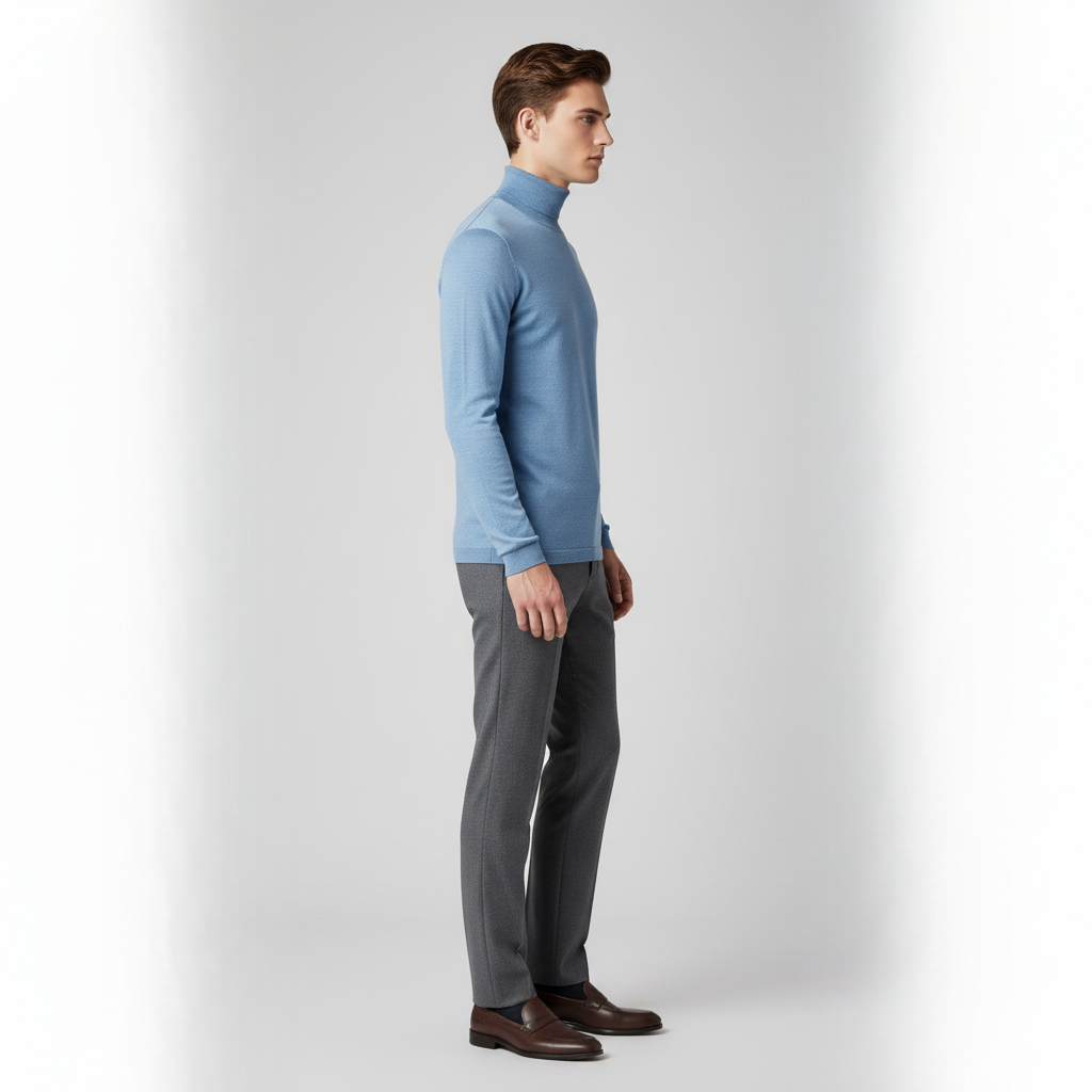 Men's Blue Fine-Knit Roll Neck Sweater