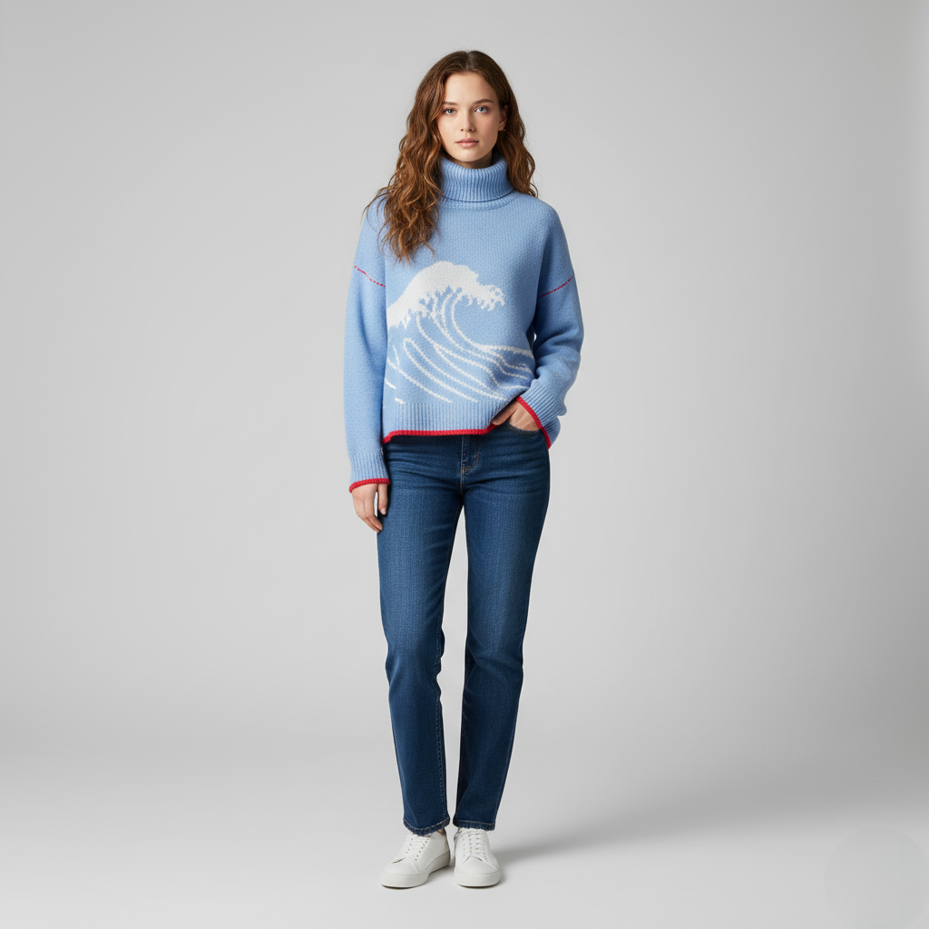 Women's Blue Wave Graphic Roll Neck Sweater with Contrast Trim