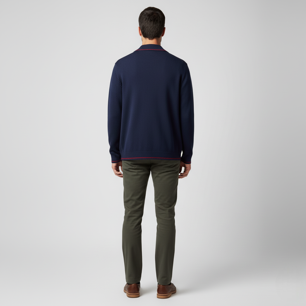 Men's Navy Full-Zip Knit Jacket with Contrast Collar