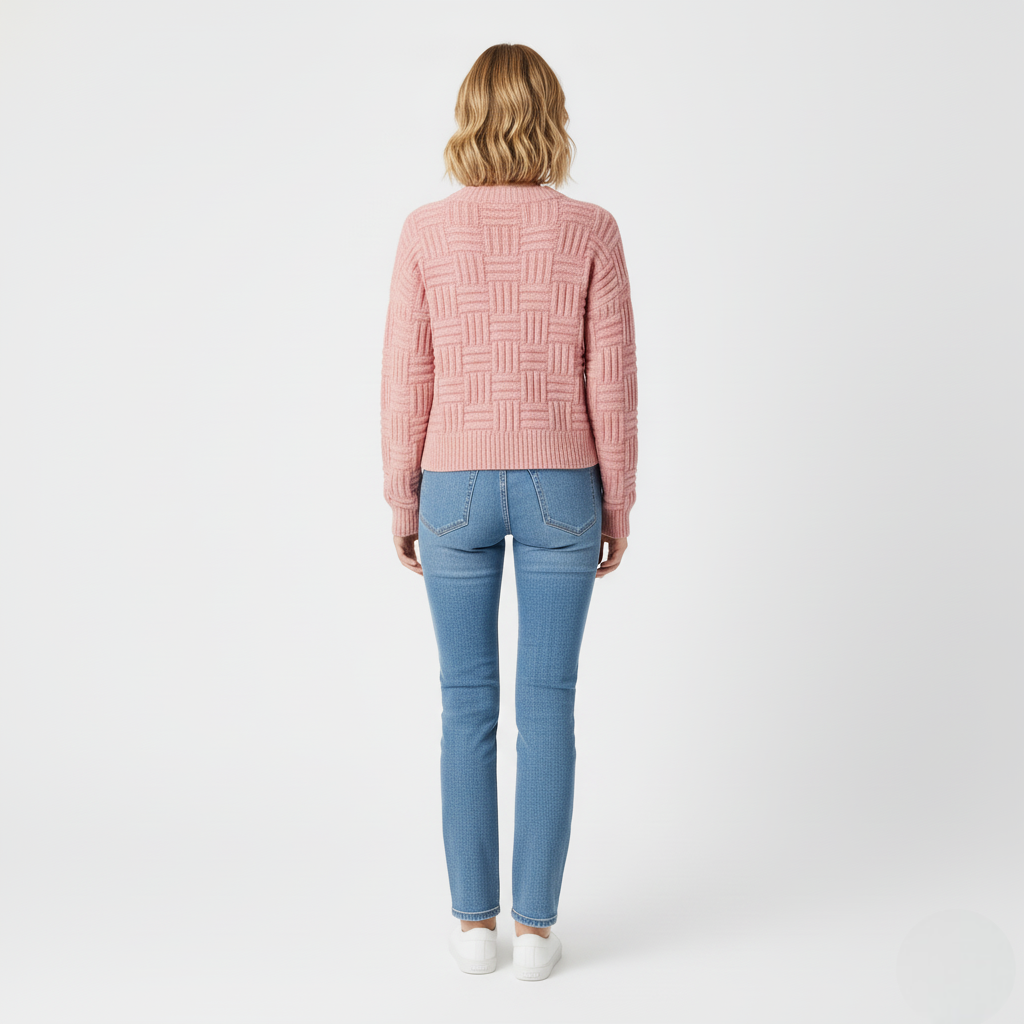 Women's Pink Textured Basketweave Crew Neck Sweater
