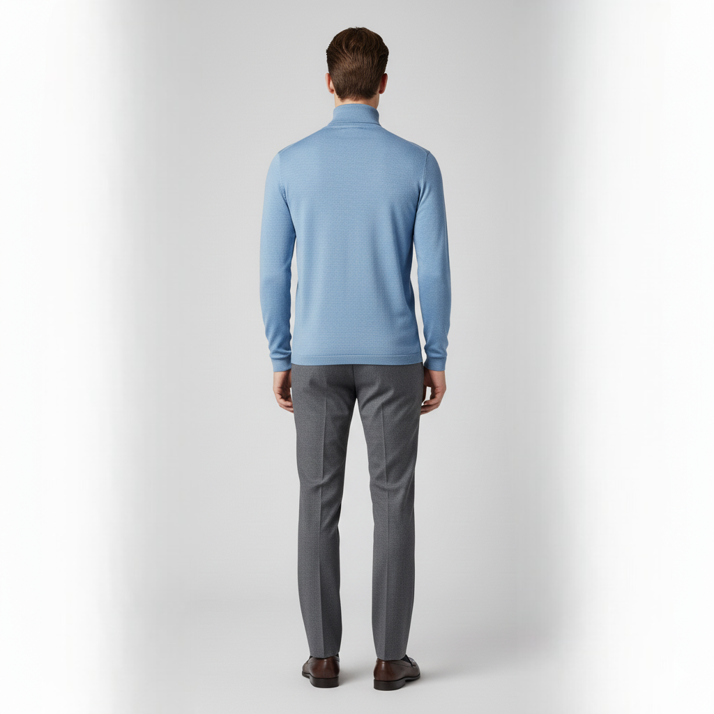 Men's Blue Fine-Knit Roll Neck Sweater